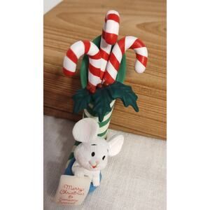 Vintage Carlton Cards Ornament Mouse on Stocking Candy Canes 3 1/2" Tall Ceramic